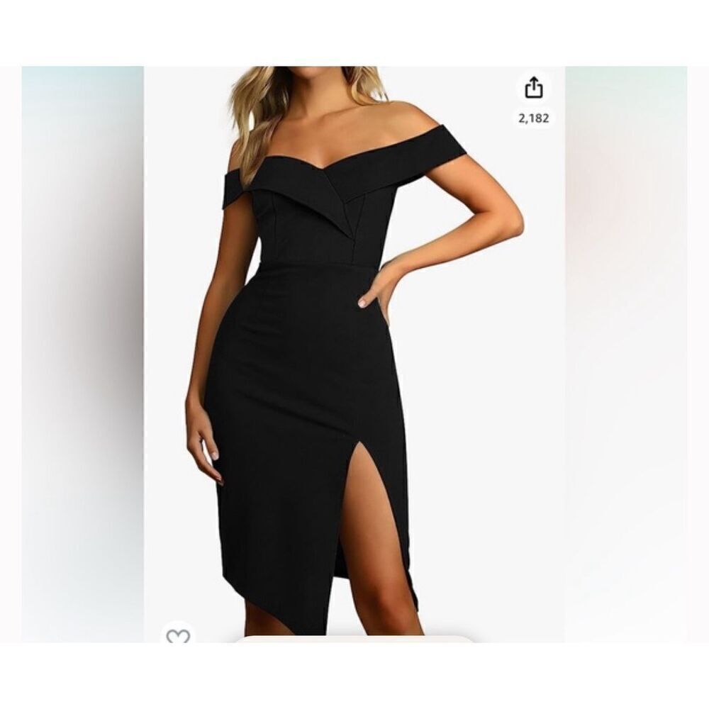 Phorttic Black Off The Shoulder V Neck Slit Midi Dress‎ Party Cocktail